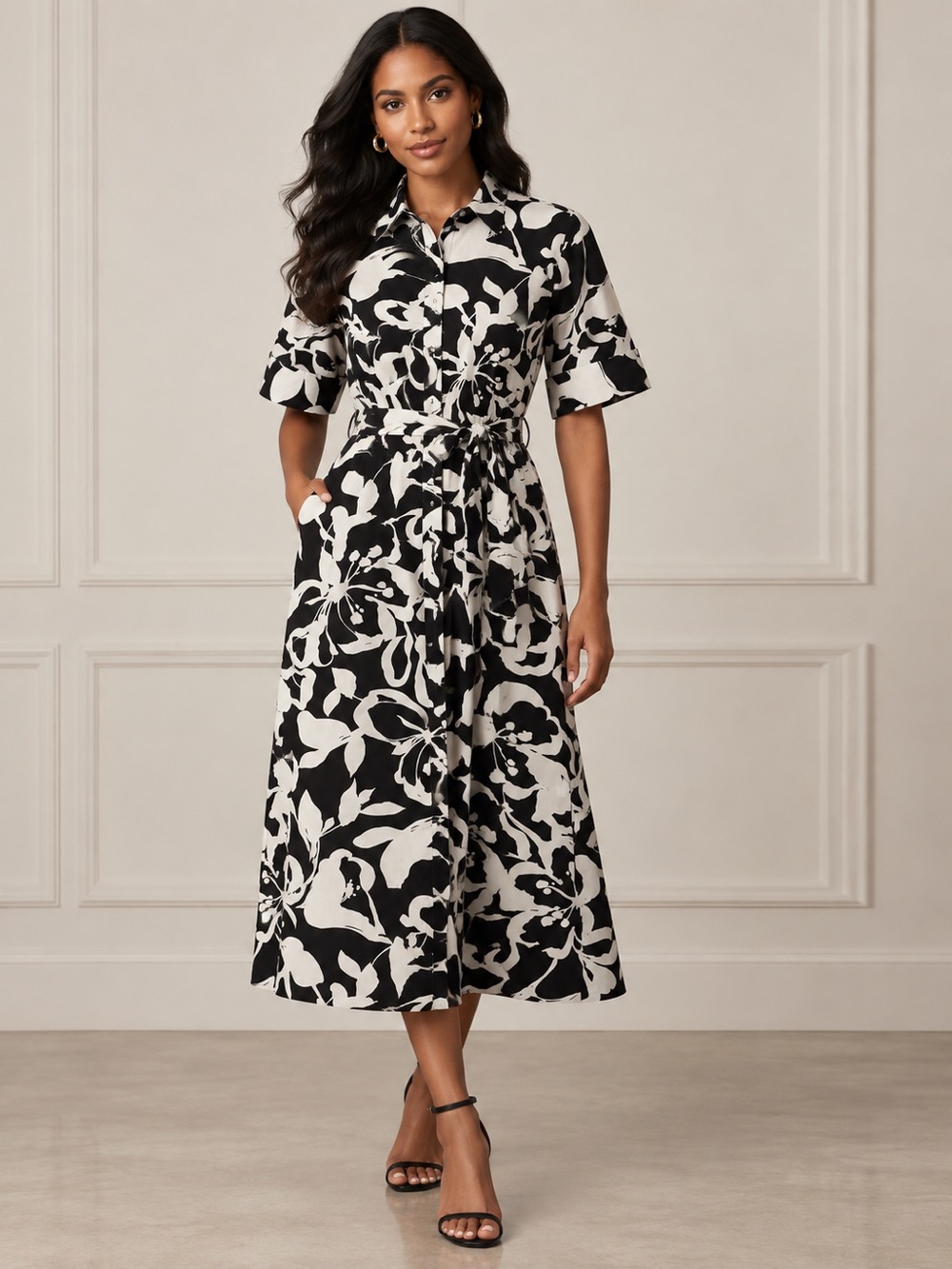 NWT DKNY Black & White Floral Shirt Dress Size 6